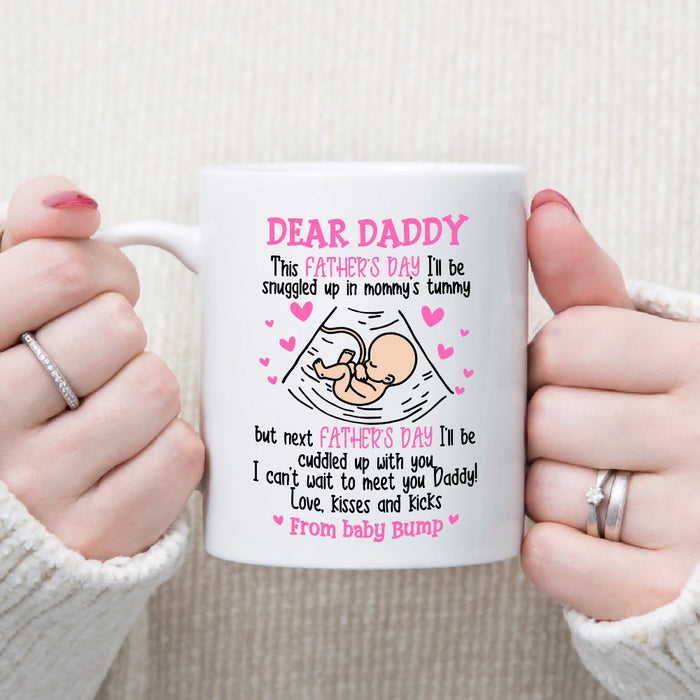 Personalized White Coffee Mug For Father This Father's Day I Will Be Snuggled Up In Mommy's Tummy Mug Cute Baby In Mother's Womb Art Printed Mug For The First Day Of Fatherhood