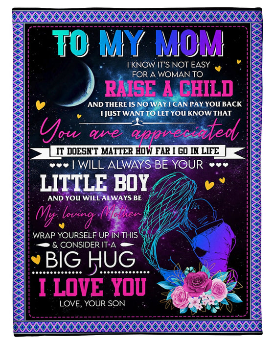 Personalized Purple Fleece Blanket To My Mom Neon Mommy Hold Son & Moon Print Sherpa Blankets Customized Name