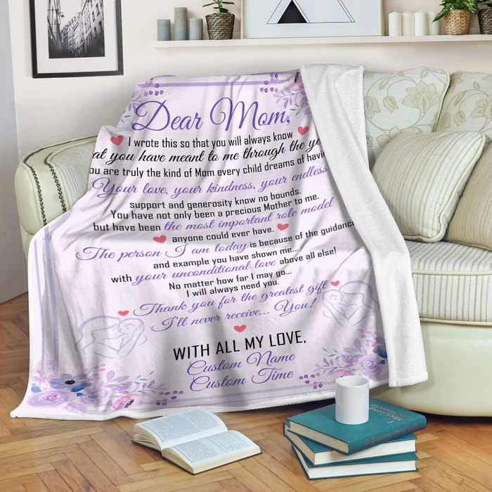 Personalized Fleece Blanket For Mom From Daughter Son Purple Flowers And Mom Holding Kid Print I Will Always Need You