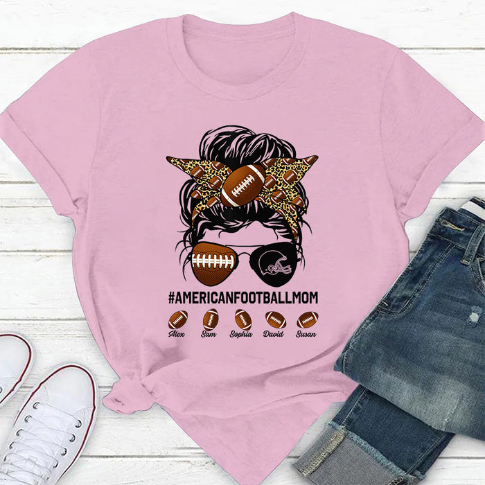 Personalized T-Shirt For Mommy From Son Daughter Messy Bun Hair Football Mom Custom Name Gifts For Birthday Mothers Day