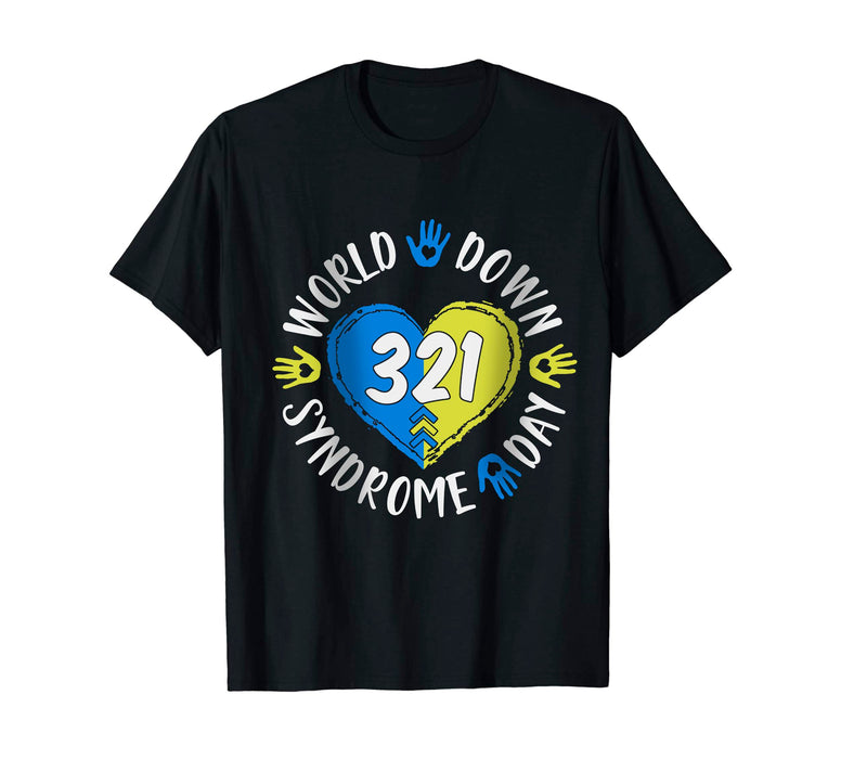 Classic Unisex T-Shirt For Men Women 321 World Down Syndrome Day Blue & Yellow Heart Handprint Printed