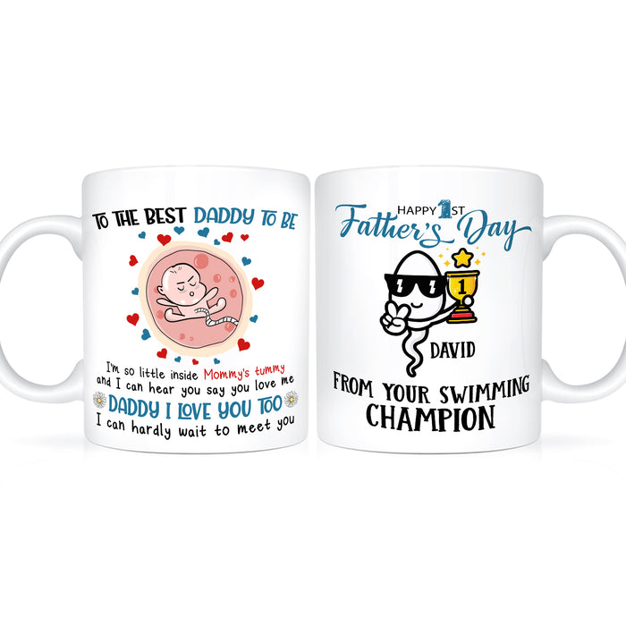 Personalized White Ceramic Coffee Mug For New Dad Happy Father's Day Funny Baby Bump & Sperm Custom Name 11 15oz Cup