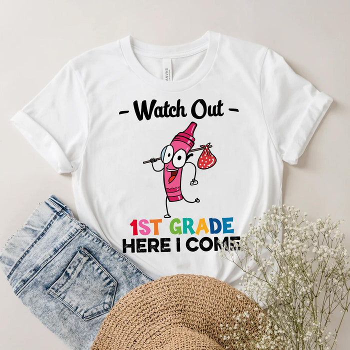 Personalized T-Shirt For Kid Watch Out Here I Come Funny Crayon Print Custom Grade Level Back To School Outfit