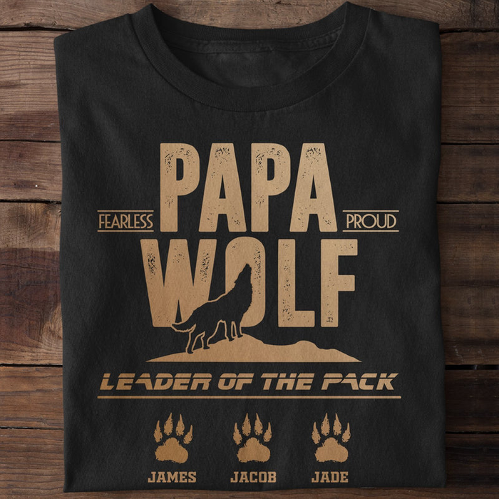 Personalized T-Shirt For Grandpa Papa Wolf Vintage Design With Wolf & Paw Prints Printed Custom Grandkids Name