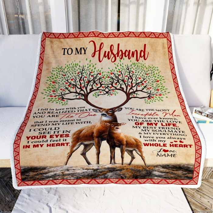 Personalized Throw Blanket To My Husband Romantic Deer With Tree Horns Design Print Custom Name Fleece Blanket