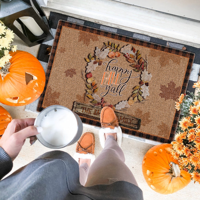 Personalized Welcome Doormat For Fall Lovers Happy Fall Y'all Circle Of Leaves Printed Custom Family Name Plaid Design