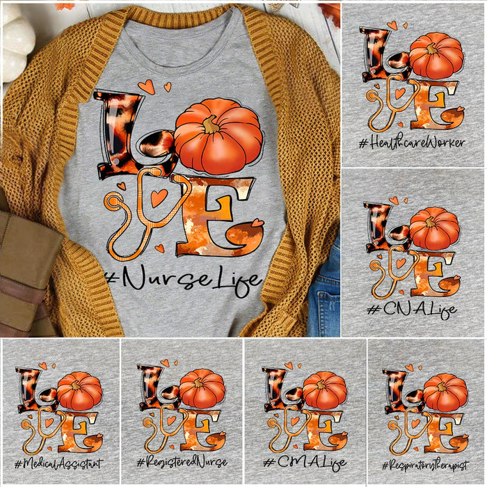 Personalized T-Shirt For Nurse Love Hashtag Nurse Life Leopard Design With Pumpkin & Stethoscope Printed Custom Title
