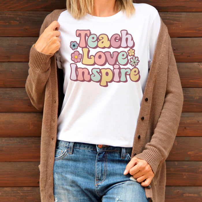 Classic T-Shirt For Teachers Teach Love Inspire Colorful Design Cute Flower Printed Back To School Outfit