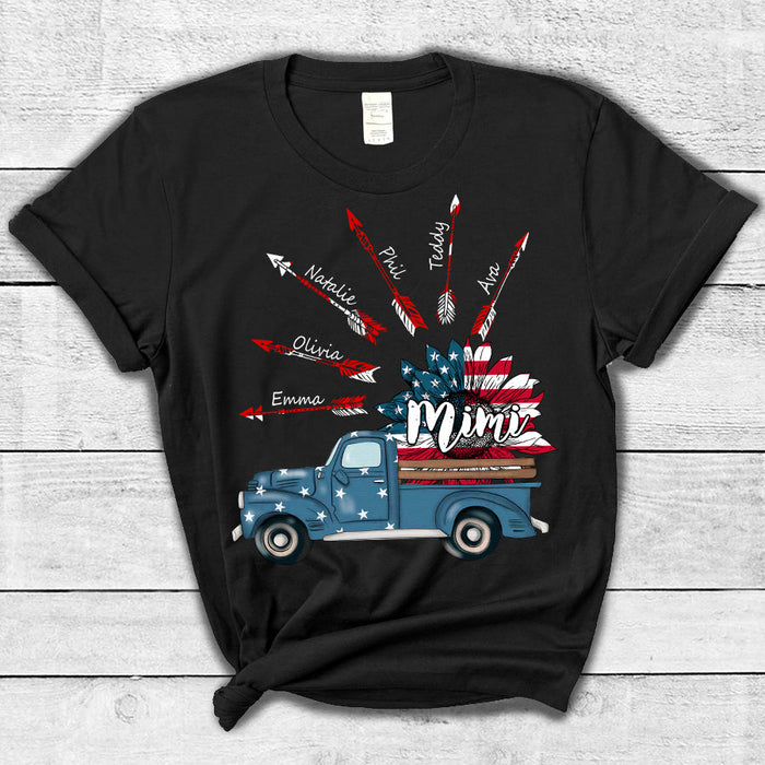 Personalized T-Shirt For Grandma Mimi Sunflower Truck USA Flag & Arrow Printed Custom Grandkids Name