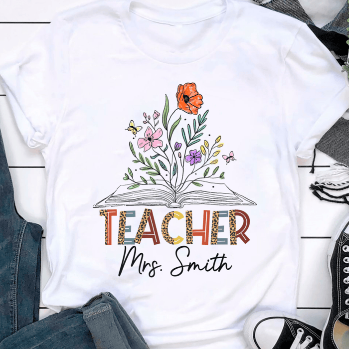 Personalized T-Shirt For Teachers Colorful Leopard Design Flower Print Custom Name Back To School Outfit