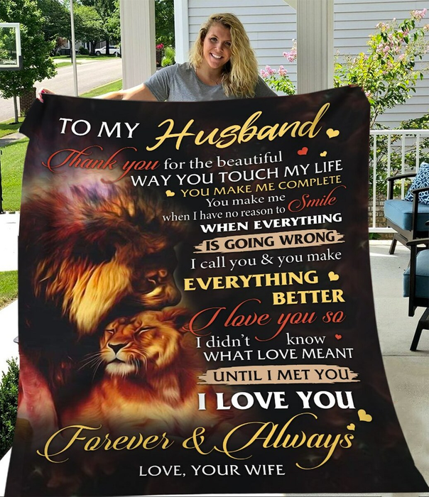 Personalized Fleece Blanket To My Husband You Make Me Complete Lion Couple Print Custom Name Valentine Blankets