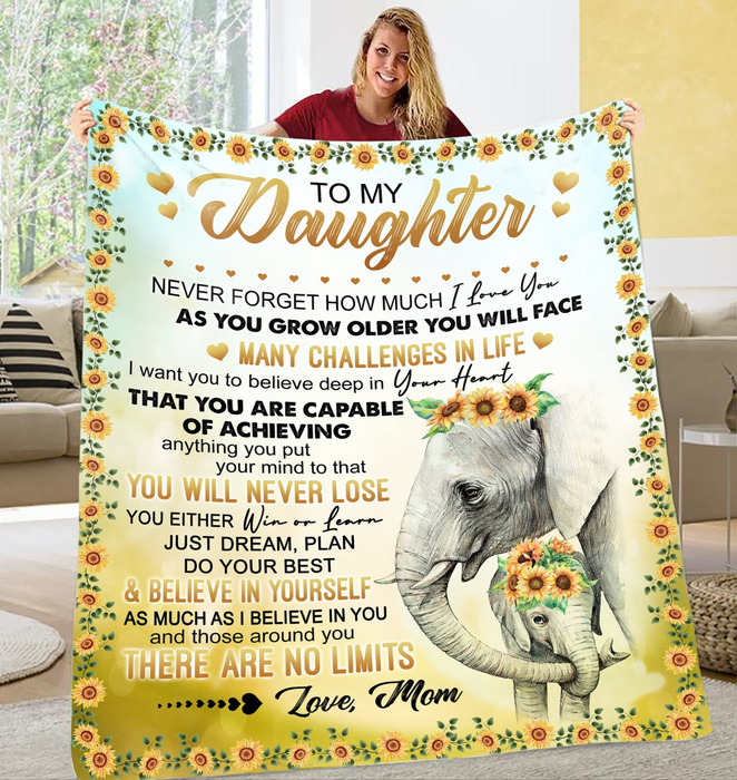 Personalized To My Daughter Blanket From Mom Never Forget That How Much I Love You Cute Elephant With Sunflower Printed