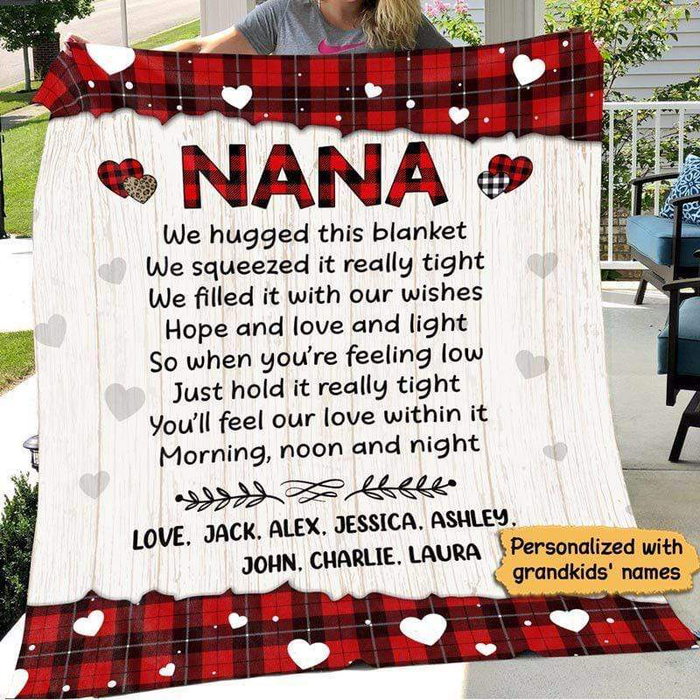 Personalized Blanket For Grandma Nana We Hugged This Blanket Cute Hearts Printed Red Plaid Design Custom Grandkids Name