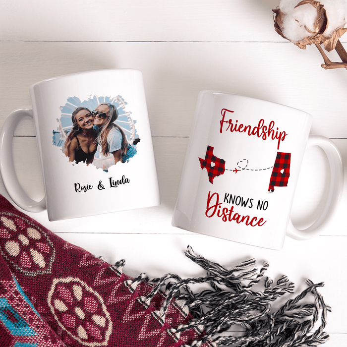 Personalized Coffee Mug For Besties Friendship Knows No Distance Plaid Custom Name Photo White Cup State To State Gifts