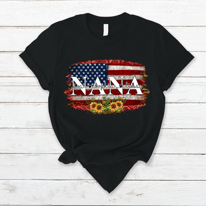 Personalized T-Shirt For Grandma USA Flag And Sunflower Design Printed Custom Grandkids Name 4th Of July Shirt