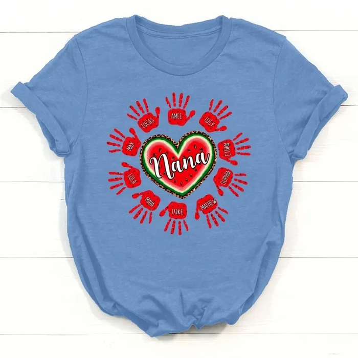 Personalized T-Shirt For Grandma Watermelon Heart Design Leopard Style Handprint Printed Custom Grandkids Name