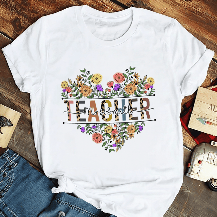 Personalized T-Shirt For Teachers Colorful Leopard & Flower Print Heart Design Custom Name Back To School Outfit