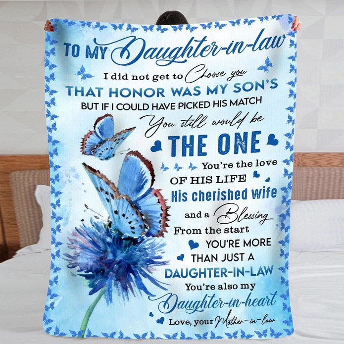 Personalized To My Daughter In Law Blanket Blue Butterflies His Cherished Wife Custom Name Gifts For Christmas Xmas