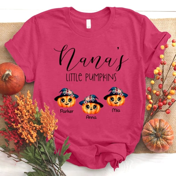 Personalized T-Shirt For Grandma Nana's Little Pumpkins Cute Pumpkin With Floral Hat Printed Custom Grandkids Name