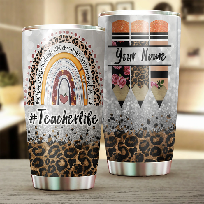 Personalized Tumbler For Teacher Teach Love Inspire Leopard Boho Rainbow Custom Name Gifts For Back To School 20oz Cup