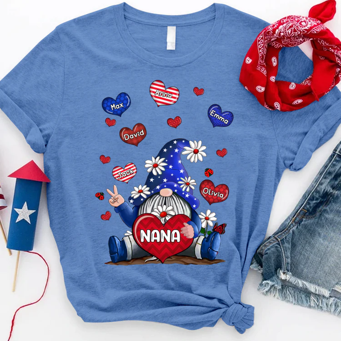 Personalized T-Shirt For Grandma Gnome Heart & Daisy Print USA Flag Design Custom Grandkids Name 4th Of July Shirt