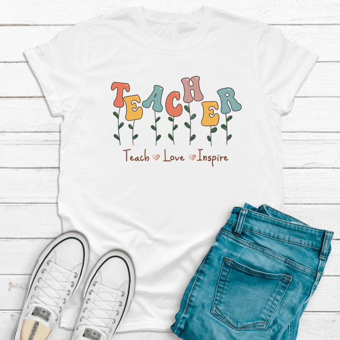 Personalized T-Shirt For Teachers Teach Love Inspire Colorful Design Custom Name Back To School Outfit