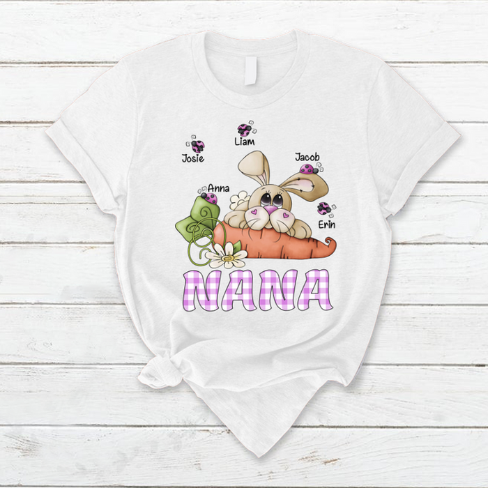 Personalized T-Shirt For Grandma Nana Bunny With Carrot & Bugs Printed Custom Grandkids Name Happy Easter Day Shirt