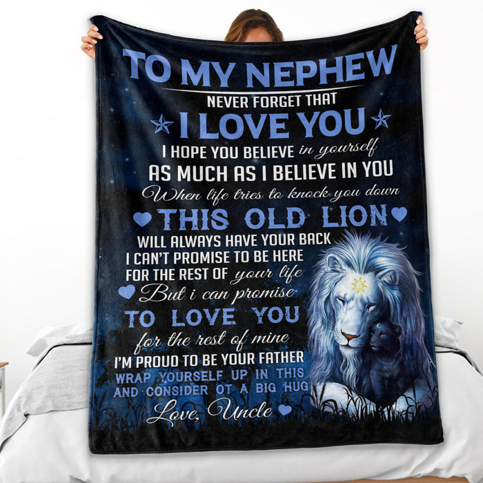 Personalized Fleece Blanket For Nephew From Uncle Never Forget That I Love You Old Lion & Baby In The Dark Night Printed