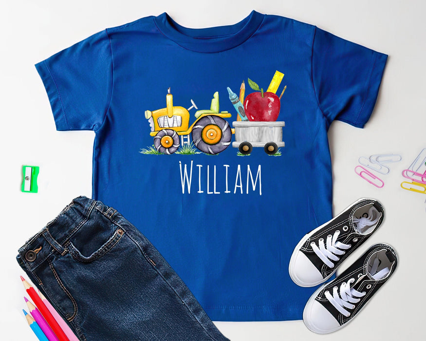Personalized T-Shirt Gifts For Kid Children Tractor Cute Truck With Pencil Apple Custom Name Shirt Back To School Outfit