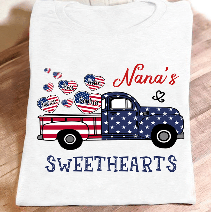 Personalized T-Shirt For Grandma USA Flag Design Truck & Cute Heart Custom Grandkids Name Independence Day Shirt