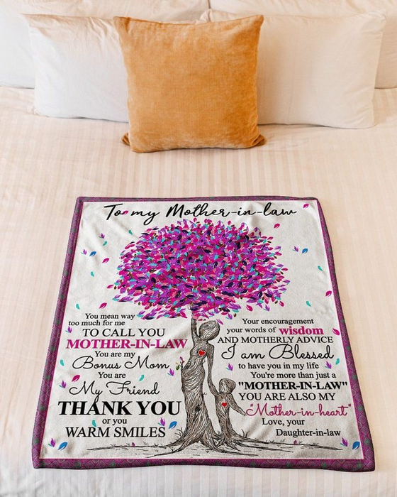 Personalized Throw Blanket To My Mother In Law From New Daughter Purple Tree Design Prints Custom Name Fleece Blanket