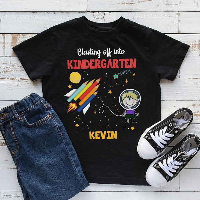 Personalized T-Shirt For Kids Blasting Off Cute Spaceship Print Galaxy Design Custom Name Back To School Outfit