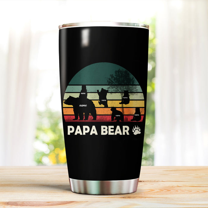 Personalized Tumbler For Grandpa From Grandkids Papa Bear Vintage Retro Paw Print Custom Name Travel Cup Birthday Gifts