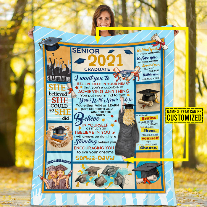 Personalized Graduation Blanket For Women She Believe She Could So She Did Custom Name & Year Senior 2022 Blanket