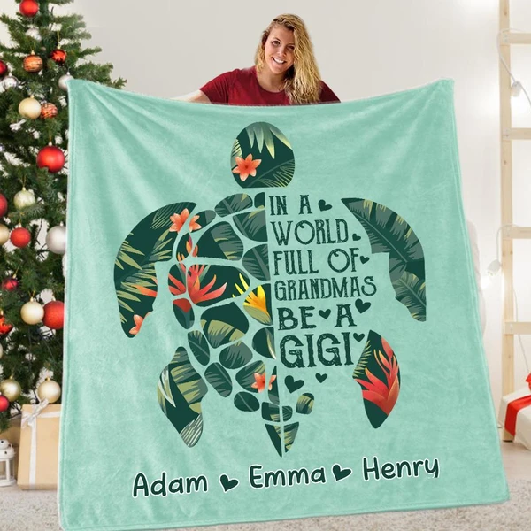 Personalized Turtle Fleece Blanket For Grandma From Grandkids In A World Full Of Grandmas Be A Gigi Custom Kids Name