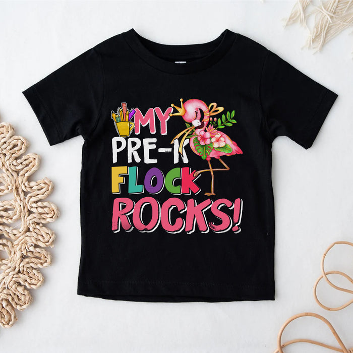 Personalized T-Shirt For Kids My Pre-K Flock Rocks Colorful Design Flamingo Print Custom Name Back To School Outfit