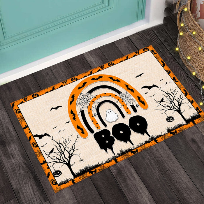 Welcome Doormat Ghost Boo Doormat Boo Rainbow Printed With Bat Spider Tree Pumpkin Lantern Happy Halloween Design