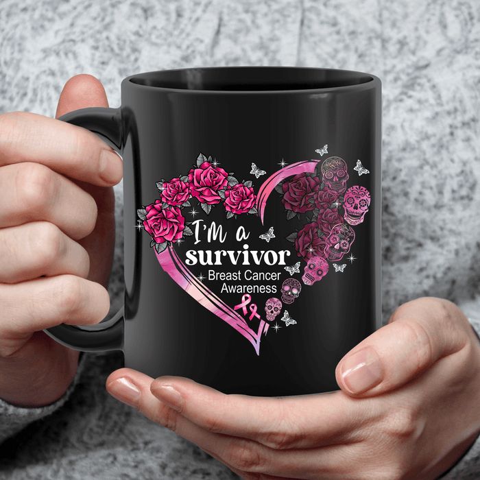 Novelty Ceramic Coffee Mug For Breast Cancer Awareness I'm A Survivor Rose & Skull Print 11 15oz Cup
