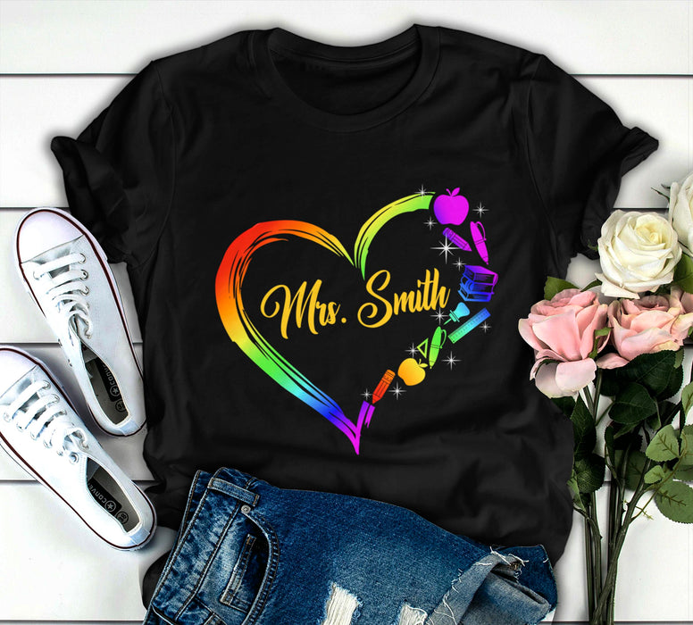Personalized T-Shirt For Teacher Colorful Heart School Supplies Custom Name Shirt Gifts For Back To School