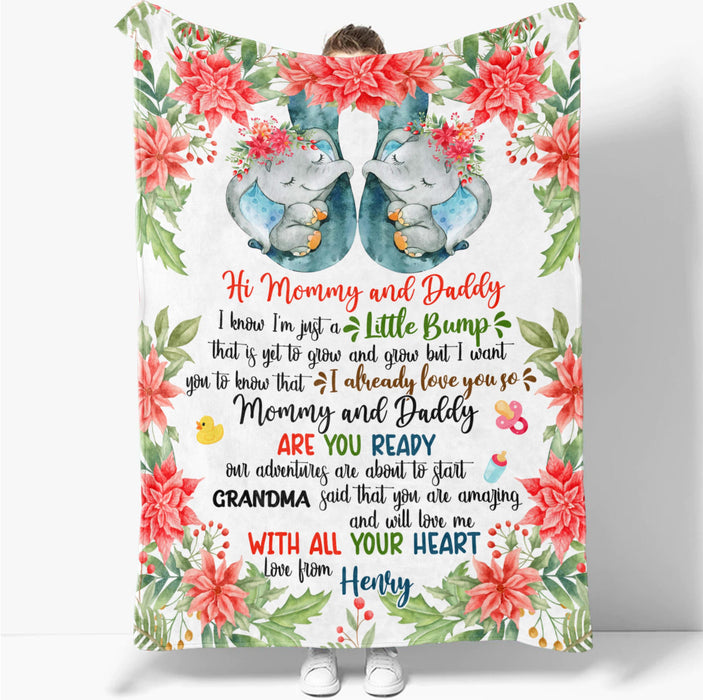 Personalized Blanket For New Mom Dad Blue Elephant Flower I Already Love You Custom Name Gifts For First Christmas