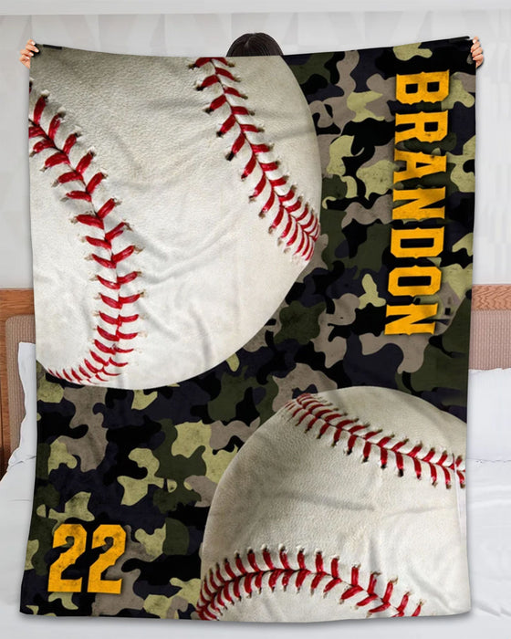 Personalized Blanket For Baseball Lovers Son Dad Men Ball Printed Camouflage Background Custom Name & Jersey Number