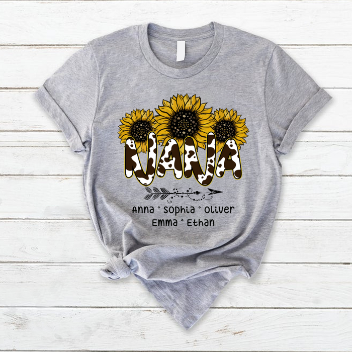 Personalized T-Shirt For Grandma Nana Milk Cow Style With Sunflower & Arrow Printed Custom Grandkids Name