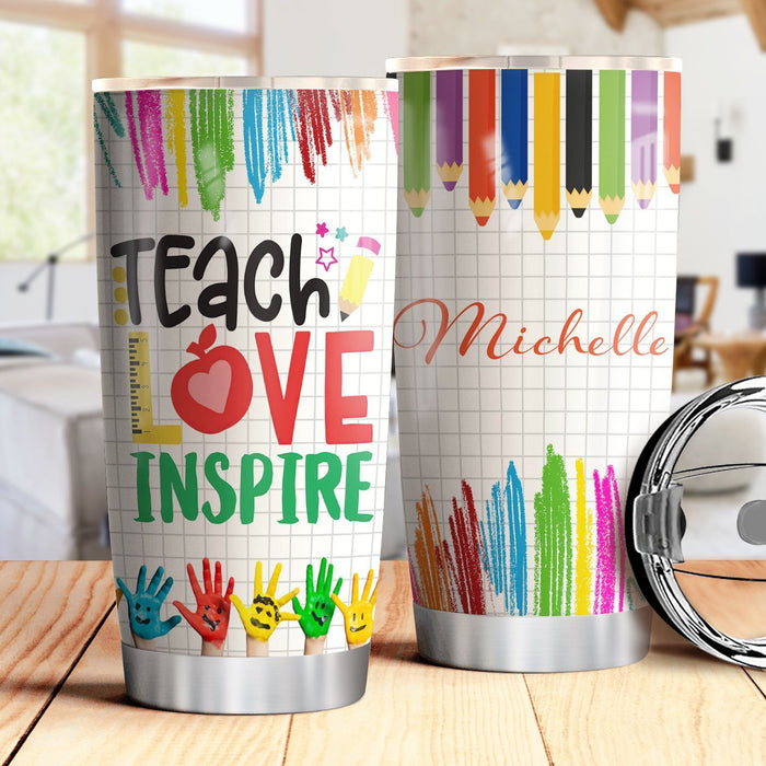 Personalized Travel Cup For Teacher Colorful Crayons Teacher Love Inspire 20oz Tumbler Custom Name Back To School Gifts