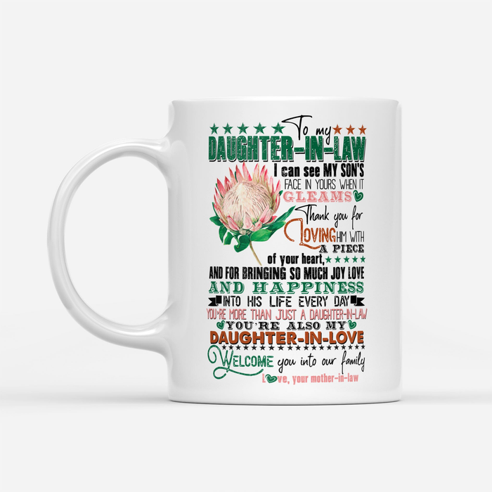 Personalized Coffee Mug For Daughter In Law Protea Flowers Welcome Into Our Family Custom Name White Cup Birthday Gifts