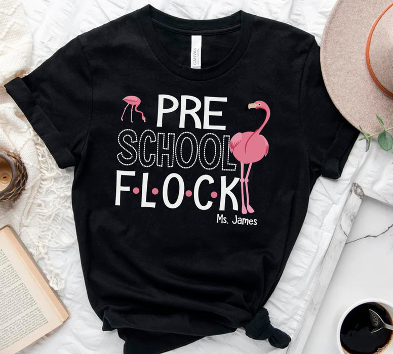 Personalized T-Shirt For Teacher Preschool Flock Pink Flamingo Printed Custom Name Back To School Outfit