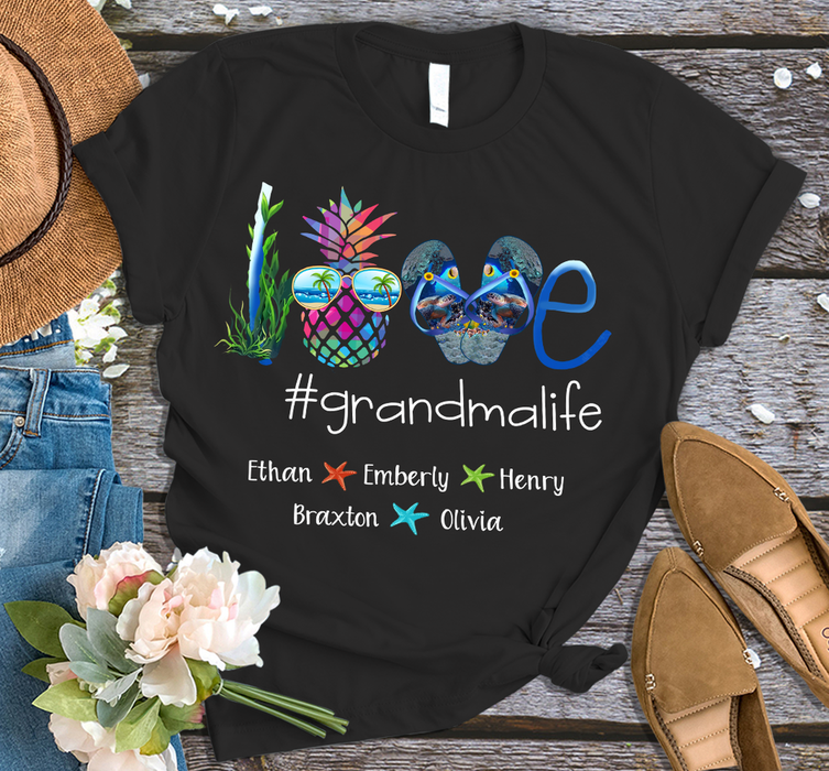 Personalized T-Shirt For Grandma Love Hashtag Grandma Life Summer Design Pineapple & Flip-Flop Custom Grandkids Name