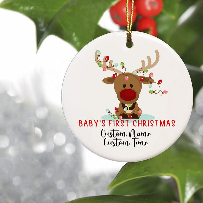 Personalized Circle Ornament Baby'S First Christmas Cute Reindeer With Xmas Lights Printed Custom Name & Date