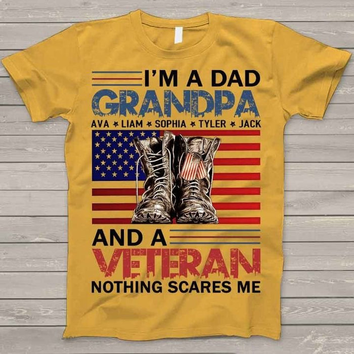 Personalized T-Shirt I'm A Dad Grandpa & A Veteran Nothing Scares Me Custom Grandkids Name Military Shoes US Flag Shirt