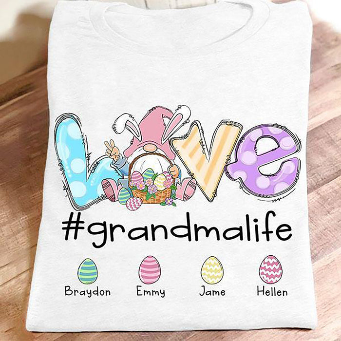 Personalized T-Shirt For Grandma Cute Bunny Gnome With Eggs Basket Printed Custom Grandkids Name Easter Day Shirt