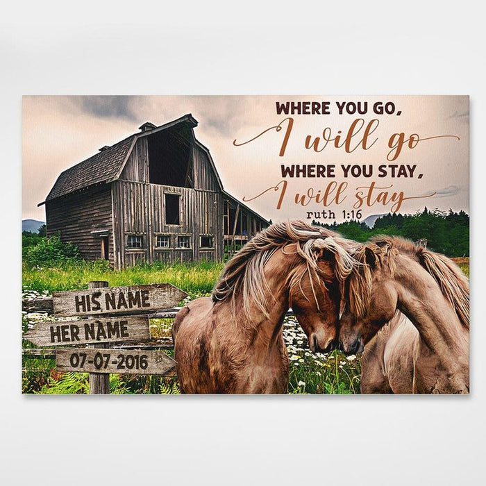 Personalized Canvas Wall Art For Couples Where You Go I Will Go Old Barn & Horses Custom Name Poster Prints Xmas Gifts